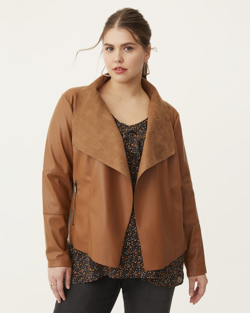 Front of plus size Sophie Faux-Leather Drape Jacket by Bagatelle | Dia&Co | dia_product_style_image_id:182337